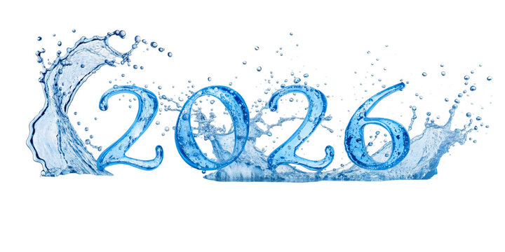 Creative blue water splash numbers 2026 on a transparent background showcasing the fluid and dynamic nature of liquid typography. Happy new year 2026. - Powered by Adobe