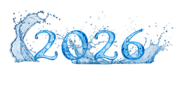 Creative blue water splash numbers 2026 on a transparent background showcasing the fluid and dynamic nature of liquid typography. Happy new year 2026.