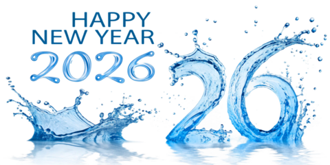 Creative blue water splash numbers 2026 on a transparent background showcasing the fluid and dynamic nature of liquid typography. Happy new year 2026.