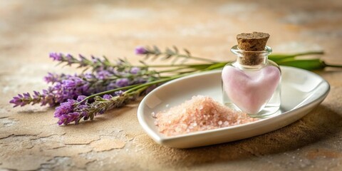 A small glass bottle filled with pink bath salts in the shape of a heart, nestled in a white dish with more pink bath salts, accompanied by a sprig of lavender, creating a spa-like ambiance.