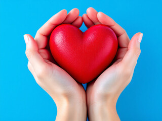 Fototapeta premium Hands holding a glowing red heart against a blue background, symbolizinHands holding a glowing red heart against a blue background, symbolizing love and care.g love and care.
