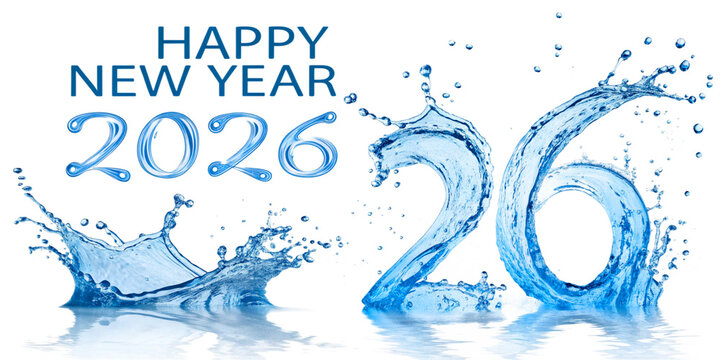 Creative blue water splash numbers 2026 on a transparent background showcasing the fluid and dynamic nature of liquid typography. Happy new year 2026. - Powered by Adobe