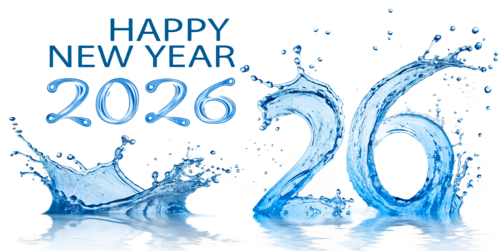 Creative blue water splash numbers 2026 on a transparent background showcasing the fluid and dynamic nature of liquid typography. Happy new year 2026.