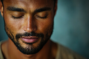 Fototapeta premium Close-up portrait of a man with his eyes closed, conveying serenity and contemplation.