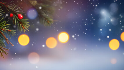 Fototapeta premium Christmas tree branch with red berries falling snow and golden bokeh lights