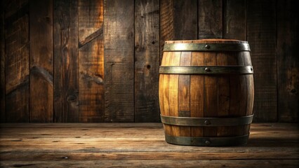 Rustic Wooden Barrel on Aged Plank Surface with Dark Wood Background