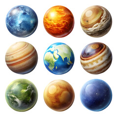 set of planets on transparent background