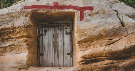 ancient wooden door surrounded by stone walls, symbolizing historic traditions and cultural significance of ancient times during passover celebrations