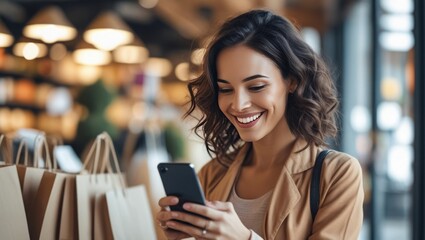  a cheerful woman holding a smartphone while smiling brightly. shopping online or browsing in a warm, softly lit environment, with blurred shelves in the back