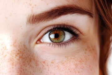 Obraz premium Close-up of a person's eye highlighting freckles and vibrant iris colors.