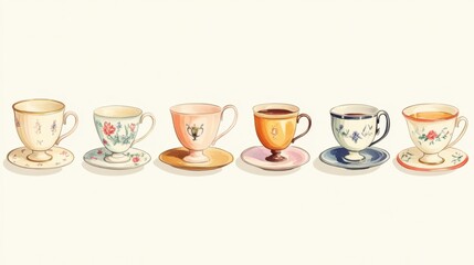 Six Vintage Teacups on Saucers, Watercolor Style, Elegant Tea Party