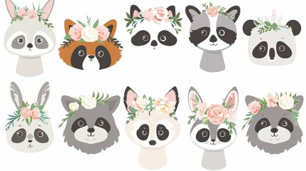 Adorable Animal Heads with Flower Crown Illustration for Creative Projects