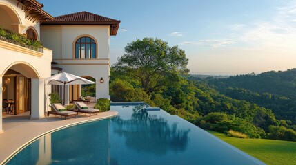 Obraz premium [luxury villa getaway pool] Luxury Residential Poolside Oasis at Sunset Over Rolling Hills