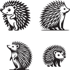 "Charming Silhouettes of Standing Hedgehogs in Elegant Black and White Design"