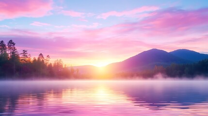 Fototapeta premium Serene sunrise over a misty lake with mountains in the background.