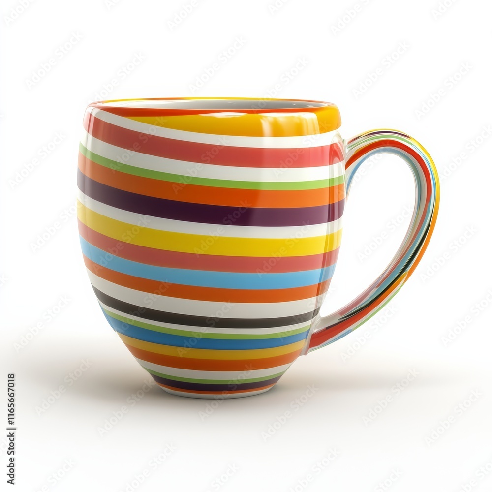 Poster a 3d ceramic mug with a multicolored striped pattern, isolated on a plain white background with ampl