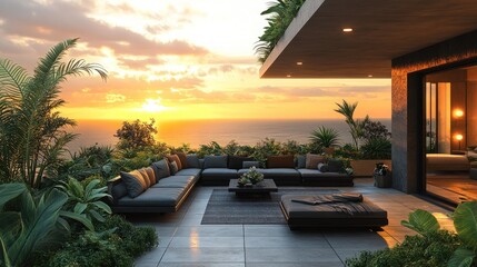 Fototapeta premium Ocean view patio; sunset, lounge furniture, lush plants.
