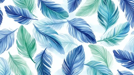 Watercolor Teal and Blue Feathers Pattern - Serene Design