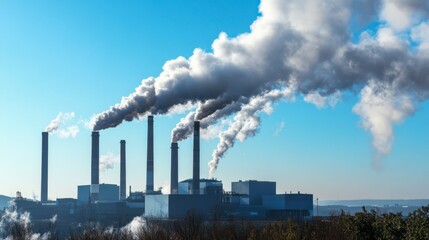 Industrial Smokestacks Belching Pollution into Clear Blue Sky