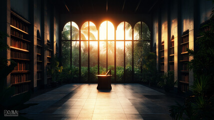 Fototapeta premium Helles Wohnzimmer mit großen Fenstern und Blick auf die untergehende Sonne