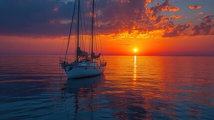 Sailboat at sunset, fiery sky, tranquil ocean.