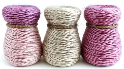 Three spools of pastel colored yarn stand in a row