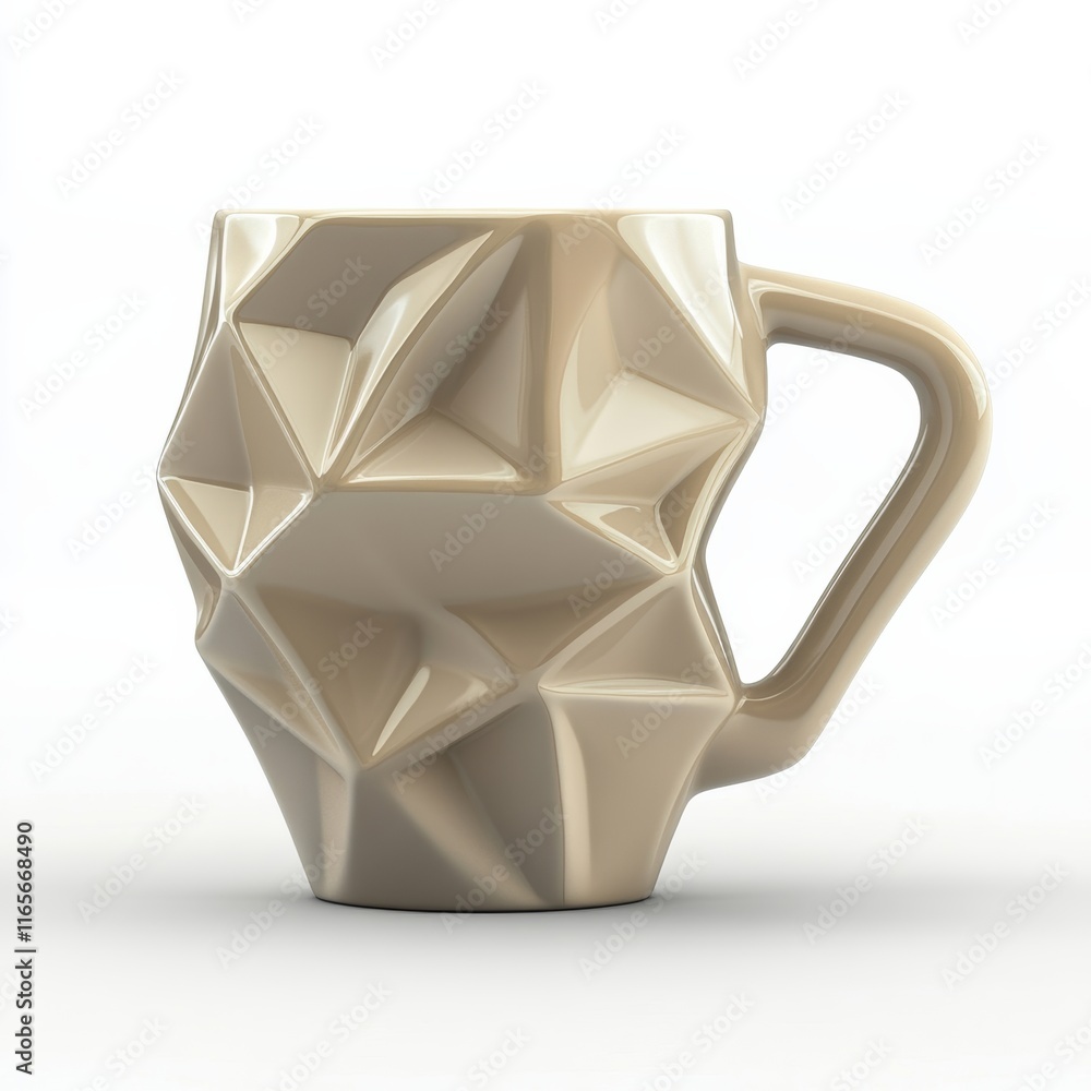 Poster a 3d rendering of a unique, geometrically designed ceramic mug, isolated on a white background with 
