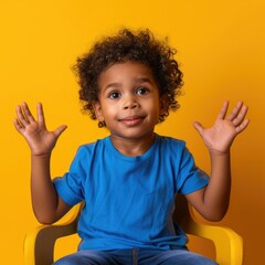 A happy toddler with curly hair waves both hands while sitting on a yellow chair.
