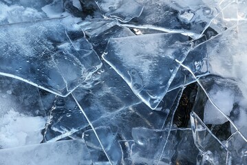 Winter Landscape: Cracked Ice of a Frozen Lake. Discover the Clear Waters and Slippery