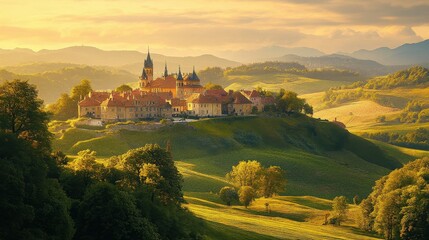Naklejka premium [Rural landscape with old church or castle on hill] Rustic Country Castle Perched on Hilltop Against Clear Blue Sky