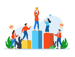 success business team achievement leadership award finance challenge leader gold cup financial chart growth complete plan goal cartoon vector illustration