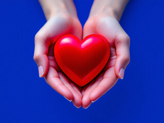Obraz premium Hands holding a glowing red heart against a blue background, symbolizing love and care.