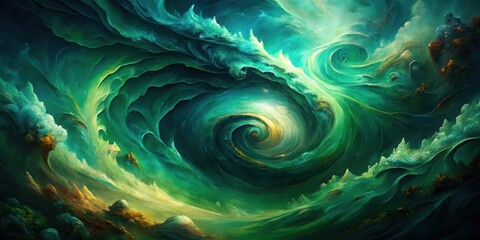 A Whirlwind of Green and Gold, Swirling Through a Dreamlike Landscape of Abstract Clouds and Mountains