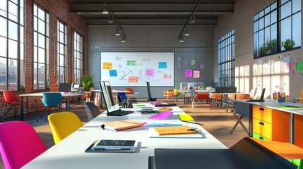 A creative office with shared digital devices, whiteboard tables, and vibrant collaboration materials.