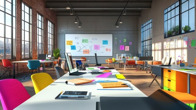 A creative office with shared digital devices, whiteboard tables, and vibrant collaboration materials. - Powered by Adobe