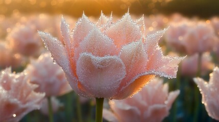 A close-up of a pink tulip adorned with morning dew.
