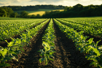 Green rows of crops stretch across a rural field under the golden light of sunset in a tranquil landscape