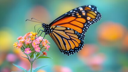 Obraz premium [Colorful Butterfly Perched On Pink Flower] Vibrant Butterfly Perched on Pink Flower in Serene Garden Setting with Soft Focus Blur Background