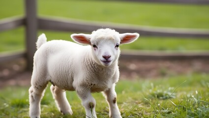 Obraz premium A cute white lamb with pink ears, eating grass in the farmyard