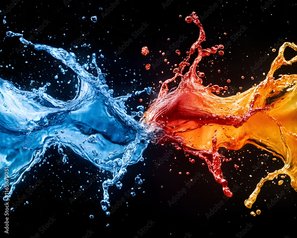 Poster dynamic abstract image of blue and orange water splashes colliding against a black background. perfe
