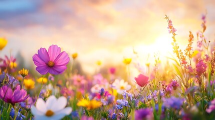 Vibrant wildflowers bathed in warm sunset light.