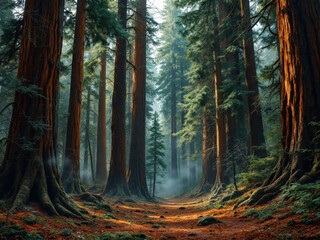 Obraz premium A haunting, foggy forest scene with twisted trees, creating an eerie and mysterious atmosphere.