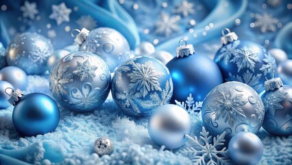 A Close-Up of Blue and Silver Christmas Ornaments Decorated with Intricate Snowflake Designs, Set Against a Background of Snowy White and Delicate Blue Fabric