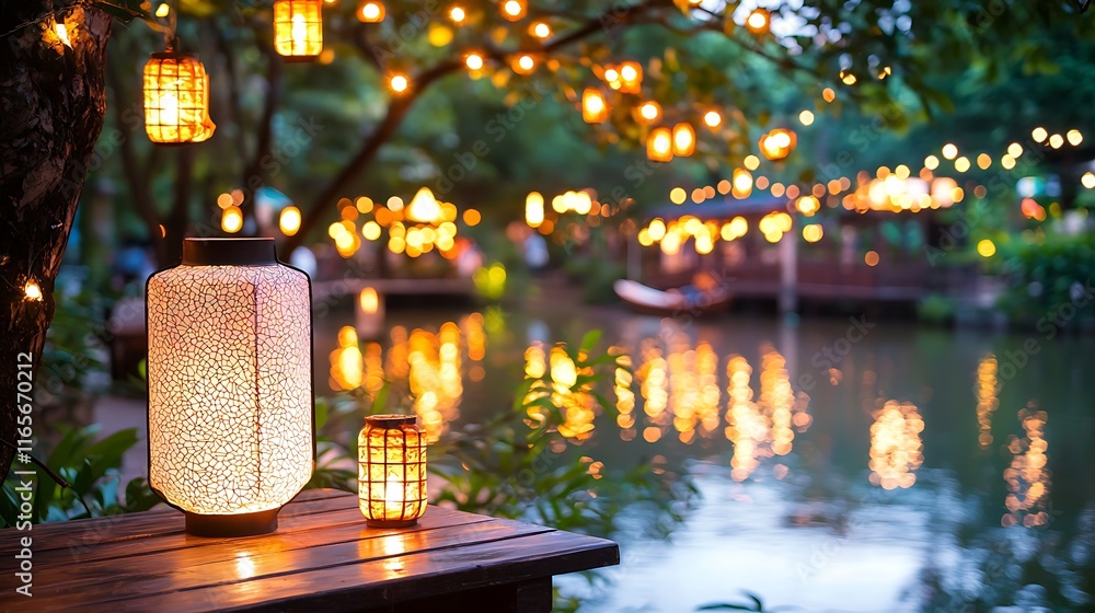 Poster illuminated lanterns and string lights adorn a wooden table beside a tranquil pond at twilight.