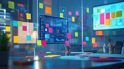 A creative team brainstorming space with floating digital screens, colorful sticky notes, and innovative project plans.