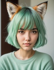Fototapeta premium portrait of girl with green hair and foxy ear