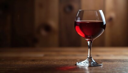 Rich red wine in a crystal glass, reflecting on polished wood , table, wine glass, beverage