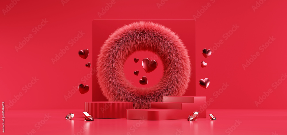 Poster valentine's day stage podium with heart product display copy space 3d rendering