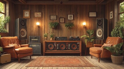 Retro stereo, leather chairs, wooden room, plants.