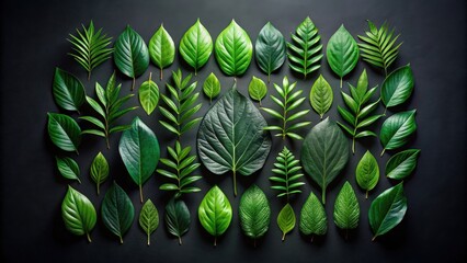 Fototapeta premium A Vibrant Collection of Lush Green Leaves Arranged in a Symmetrical Pattern on a Dark Background